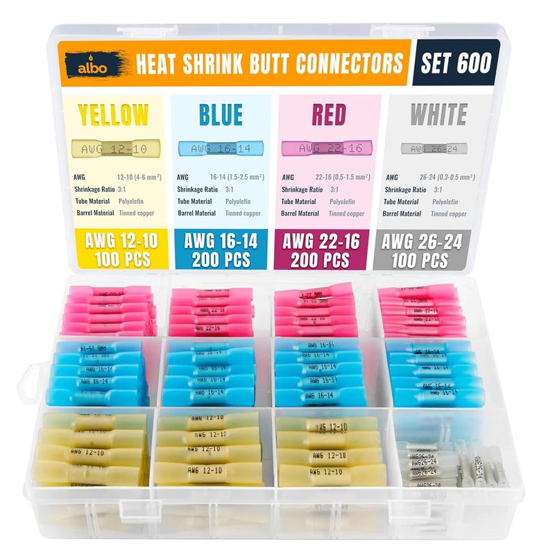 ALBO Set 600 PCS 26-10 AWG Mixing Heat Shrink Butt Connectors - Tinned Copper - Marine Grade Insulated Crimp Wire Connectors - Waterproof Electrical Connectors - Butt Splice for Auto, Marine, Stereo - Image 1